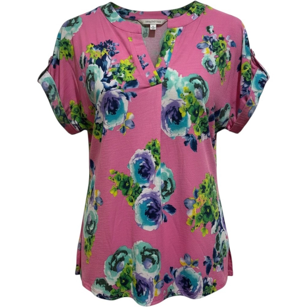 Pink Womens Dear Scarlett Floral Split Neck Tab Sleeve Blouse XL